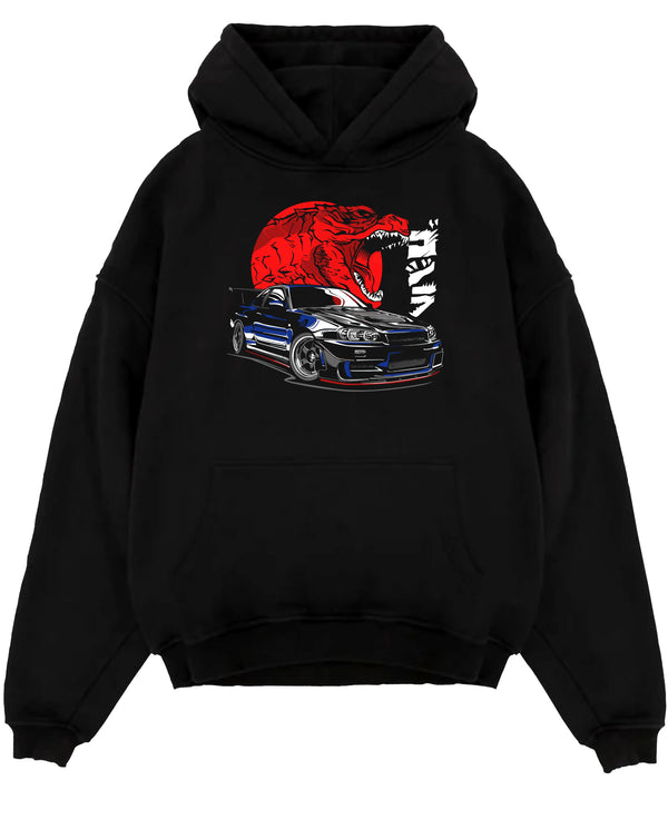 Black pullover hoodie laid flat on a white background, featuring Nissan Skyline R34 r34 skyline drift jdm japanese street graphic.