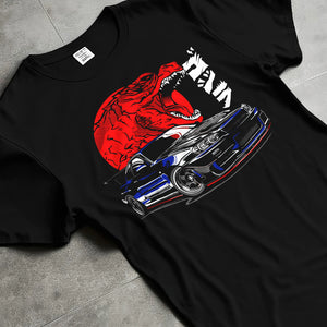 Black T-shirt laid flat with natural fabric folds, featuring Nissan Skyline R34 r34 skyline drift jdm japanese street graphic.