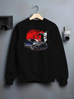 Black crewneck sweatshirt on a hanger against a grey wall, featuring Nissan Skyline R34 r34 skyline drift jdm japanese gzlsky.