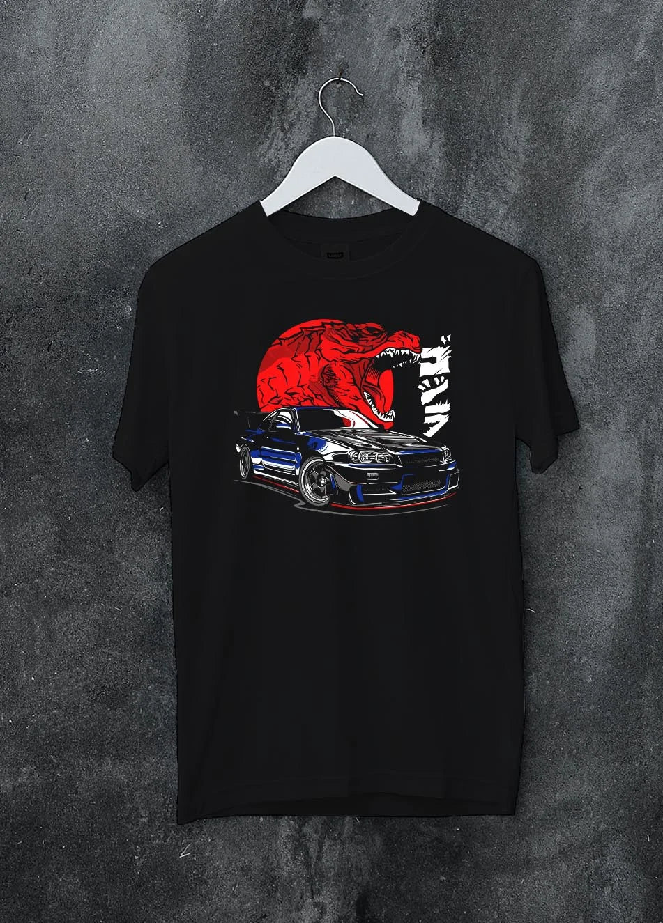Black crewneck T-shirt on a hanger against a grey wall, featuring Nissan Skyline R34 r34 skyline drift jdm japanese street graphic.