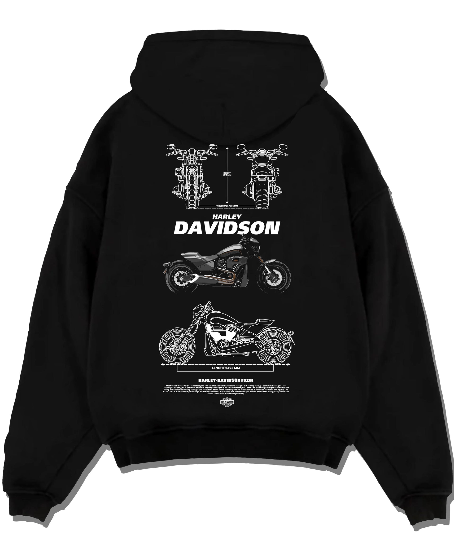 Black pullover hoodie laid flat on a white background, featuring Harley-Davidson Fxdr street retro enthusiast racing graphic.