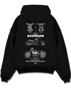 Black pullover hoodie laid flat on a white background, featuring Harley-Davidson Fxdr street retro enthusiast racing graphic.