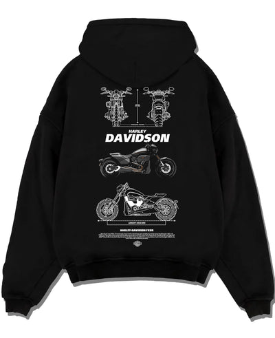 Black pullover hoodie laid flat on a white background, featuring Harley-Davidson Fxdr street retro enthusiast racing graphic.