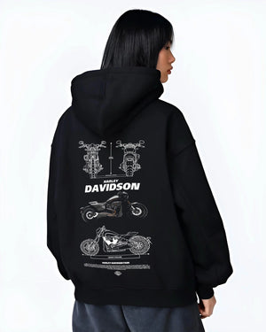 Black hoodie worn by a female model, back view, featuring Harley-Davidson Fxdr street retro enthusiast racing performance graphic.