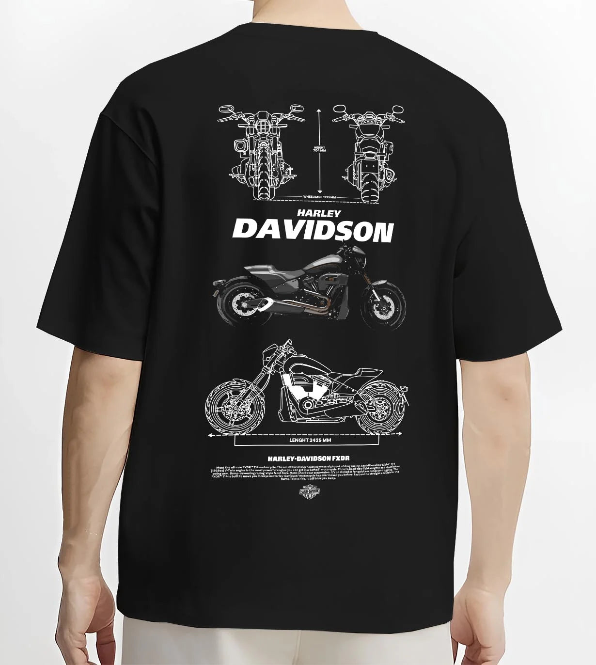 Black T-shirt worn by a male model, back view, featuring Harley-Davidson Fxdr street retro enthusiast racing performance graphic.