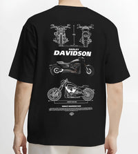 Black T-shirt worn by a male model, back view, featuring Harley-Davidson Fxdr street retro enthusiast racing performance graphic.