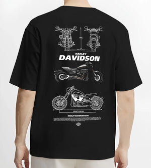Black T-shirt worn by a male model, back view, featuring Harley-Davidson Fxdr street retro enthusiast racing performance graphic.