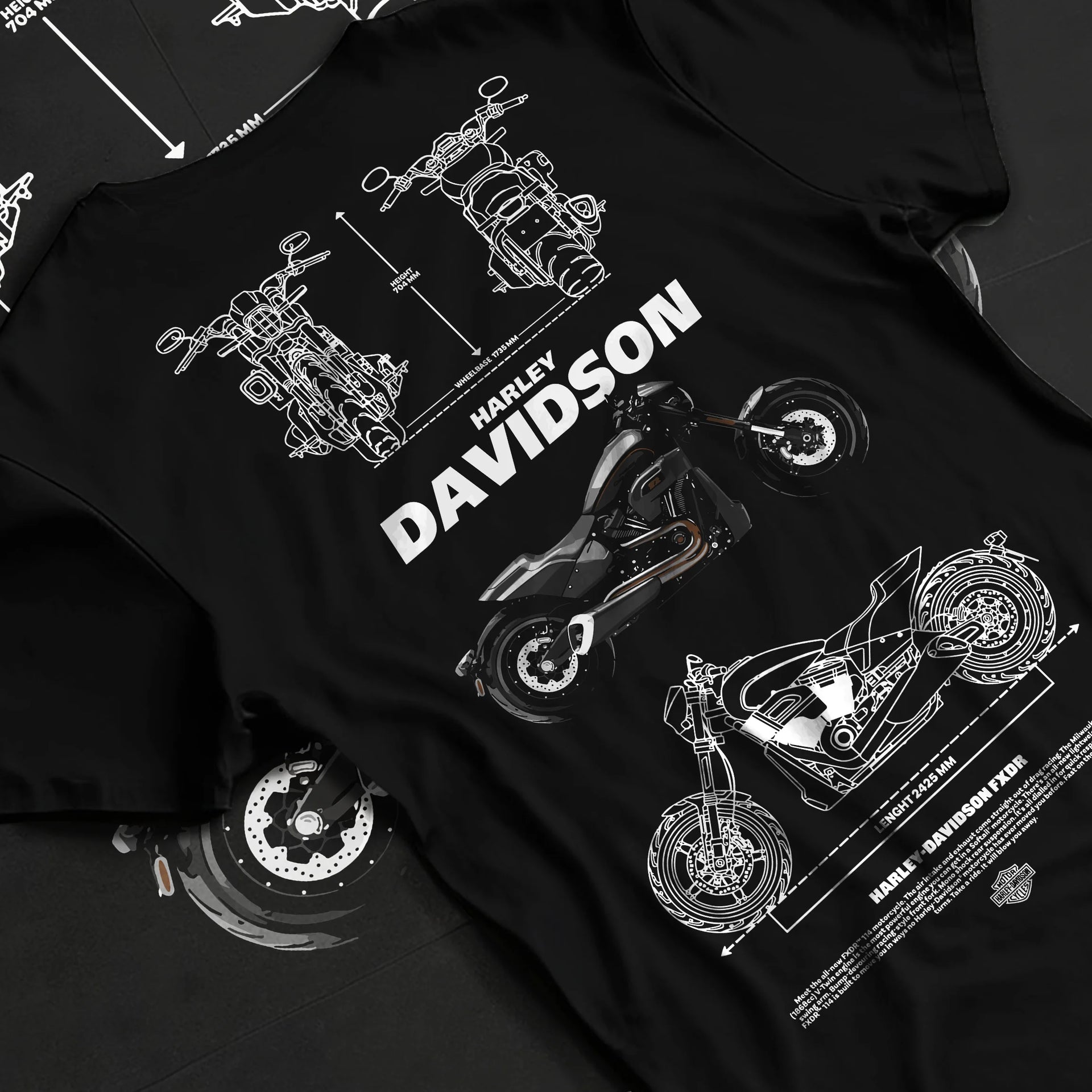 Black T-shirt laid flat with natural fabric folds, featuring Harley-Davidson Fxdr street retro enthusiast racing graphic.