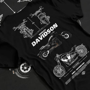 Black T-shirt laid flat with natural fabric folds, featuring Harley-Davidson Fxdr street retro enthusiast racing graphic.