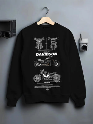 Black crewneck sweatshirt on a hanger against a grey wall, featuring Harley-Davidson Fxdr street retro enthusiast racing graphic.