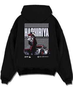 Black pullover hoodie laid flat on a white background, featuring rs race drift jdm tokyo street underground racing graphic.