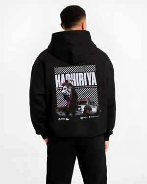 Black hoodie worn by a male model, back view, featuring rs race drift jdm tokyo street underground racing graphic.