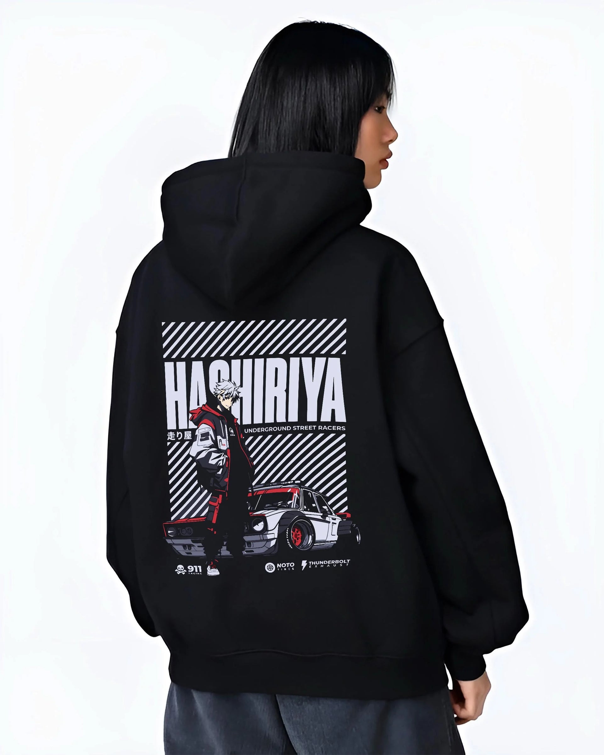 Black hoodie worn by a female model, back view, featuring rs race drift jdm tokyo street underground racing graphic.