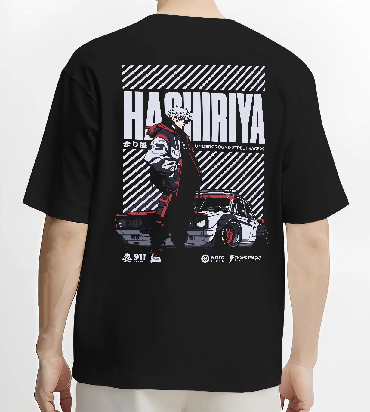 Black T-shirt worn by a male model, back view, featuring rs race drift jdm tokyo street underground racing graphic.