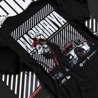 Black T-shirt laid flat with natural fabric folds, featuring rs race drift jdm tokyo street underground racing graphic.