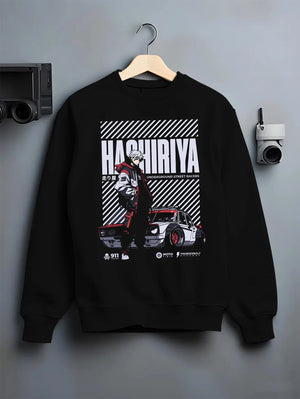 Black crewneck sweatshirt on a hanger against a grey wall, featuring rs race drift jdm tokyo street underground racing graphic.