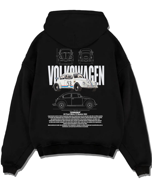 Black pullover hoodie laid flat on a white background, featuring Volkswagen Beetle racing classic legend street performance graphic.