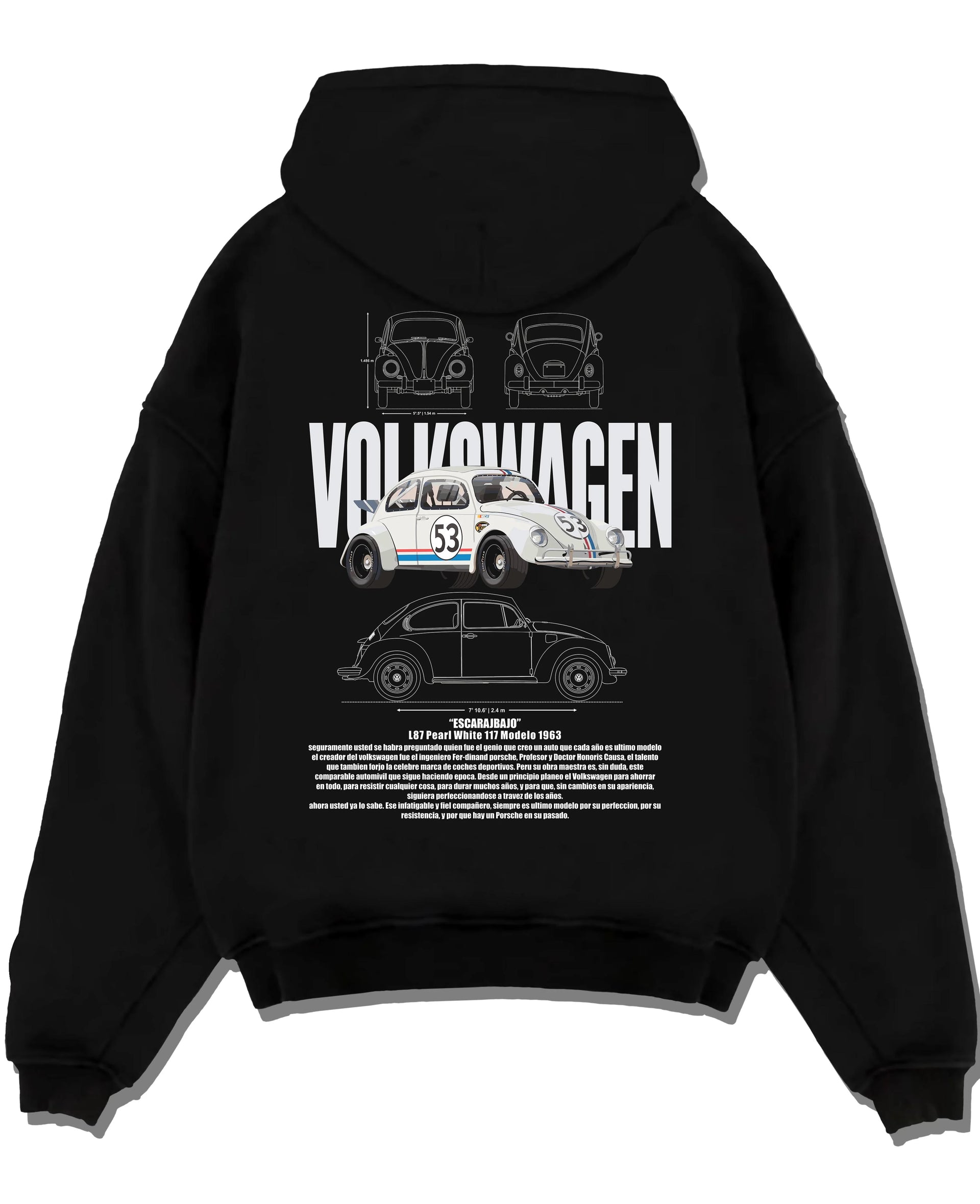 Black pullover hoodie laid flat on a white background, featuring Volkswagen Beetle racing classic legend street performance graphic.