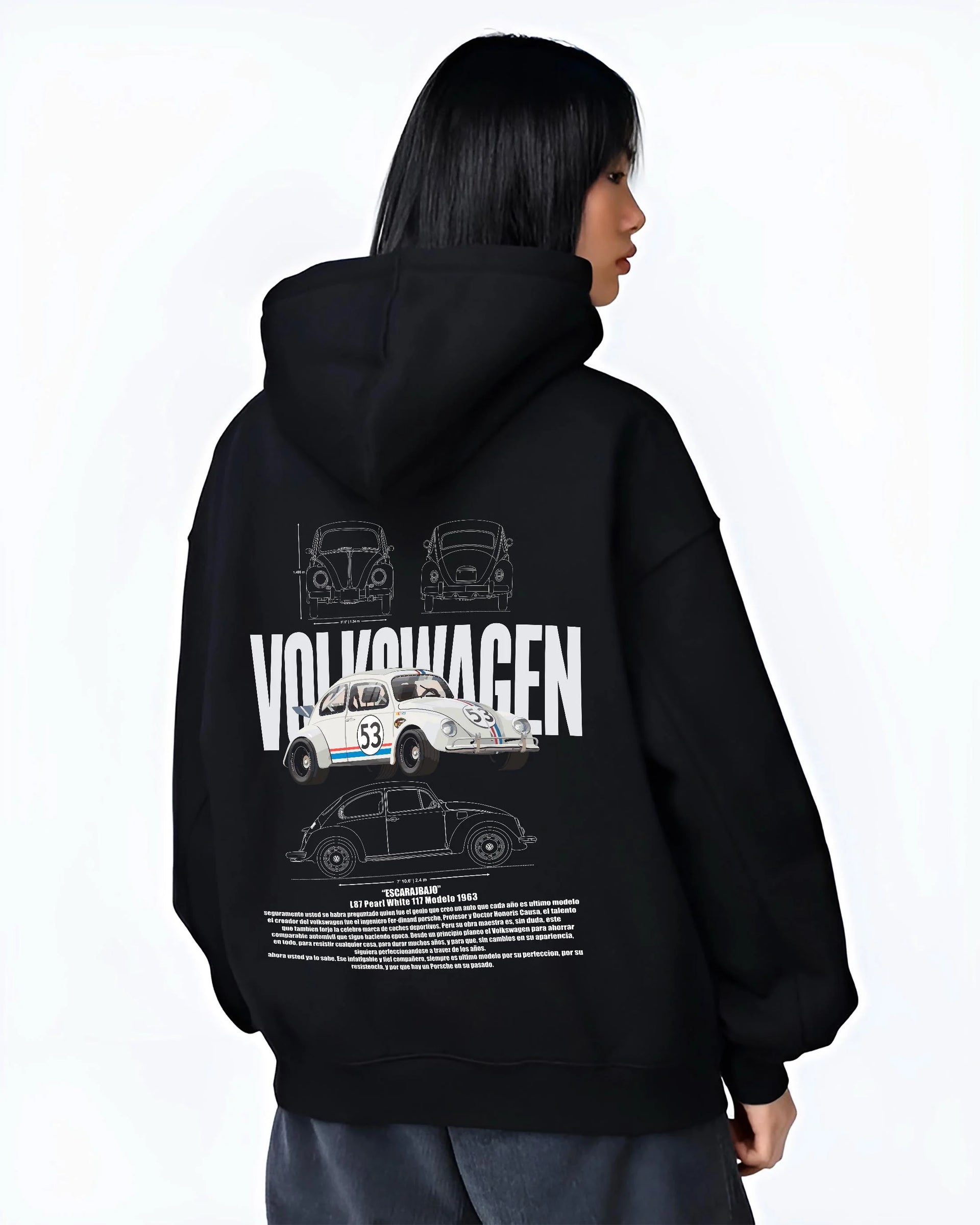 Black hoodie worn by a female model, back view, featuring Volkswagen Beetle racing classic legend street performance graphic.