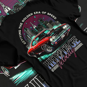Black T-shirt laid flat with natural fabric folds, featuring Dodge Charger muscle retro racing street performance graphic.
