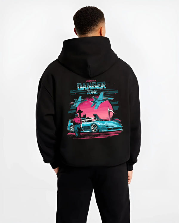 Black hoodie worn by a male model, back view, featuring ACURA NSX turbo race street racing performance motorsport graphic.