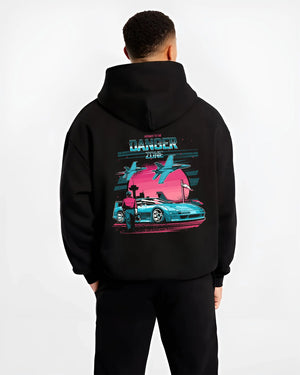 Black hoodie worn by a male model, back view, featuring ACURA NSX turbo race street racing performance motorsport graphic.