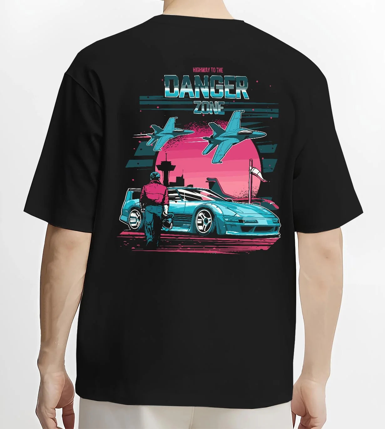 Black T-shirt worn by a male model, back view, featuring ACURA NSX turbo race street racing performance motorsport graphic.