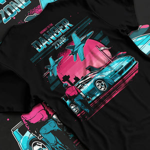 Black T-shirt laid flat with natural fabric folds, featuring ACURA NSX turbo race street racing performance motorsport graphic.