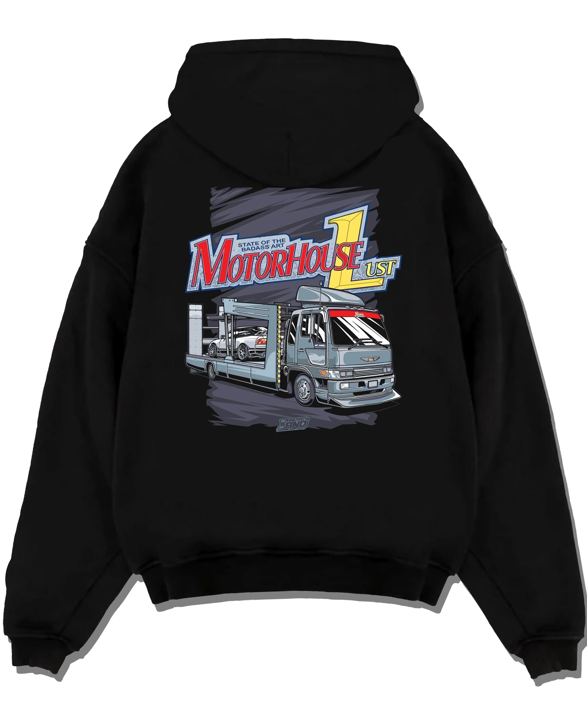 Black pullover hoodie laid flat on a white background, featuring rs drift japanese racing street performance motorsport graphic.
