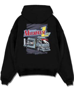 Black pullover hoodie laid flat on a white background, featuring rs drift japanese racing street performance motorsport graphic.