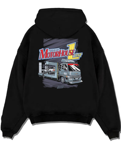 Black pullover hoodie laid flat on a white background, featuring rs drift japanese racing street performance motorsport graphic.