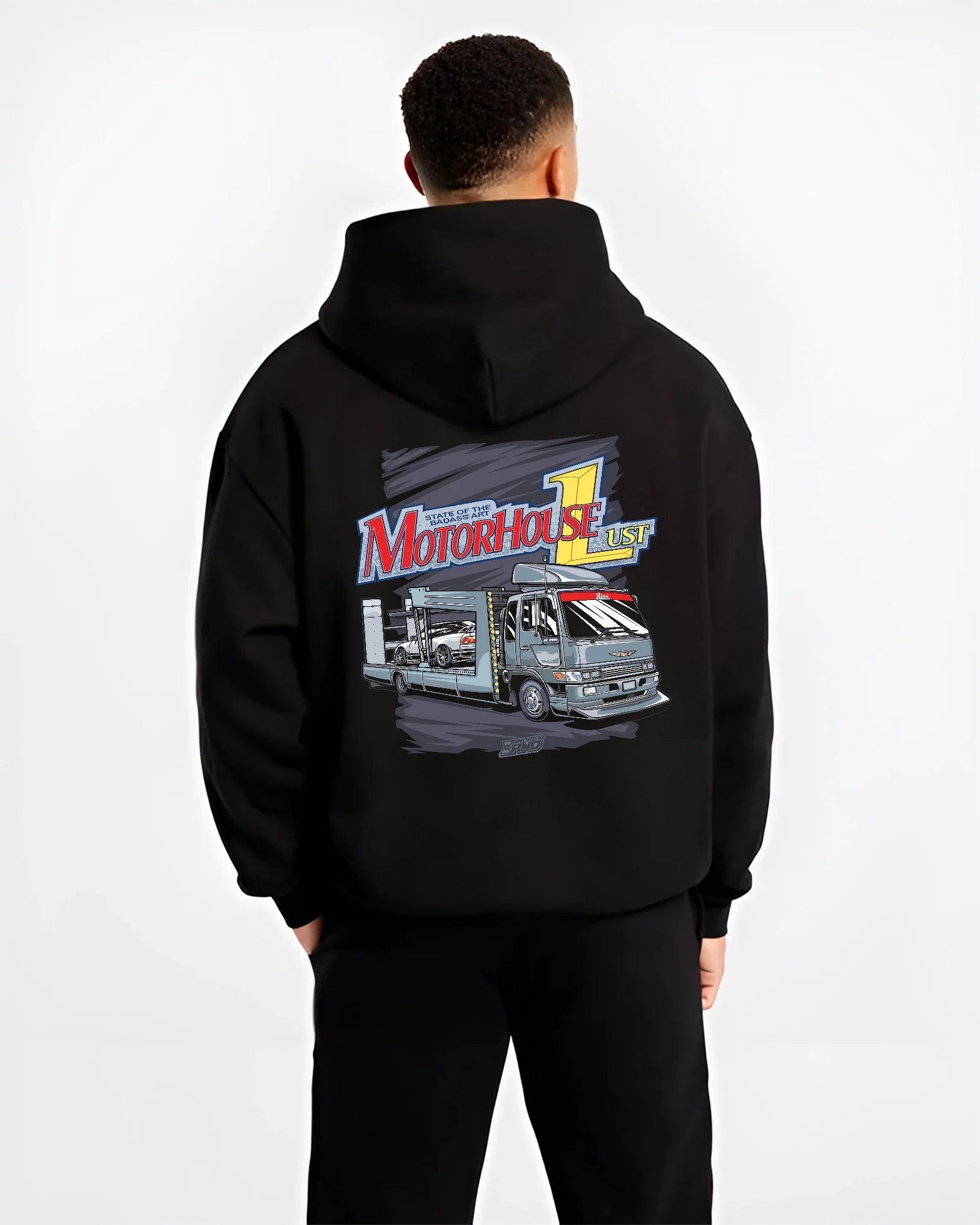Black hoodie worn by a male model, back view, featuring rs drift japanese racing street performance motorsport automotive graphic.