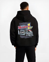 Black hoodie worn by a male model, back view, featuring rs drift japanese racing street performance motorsport automotive graphic.
