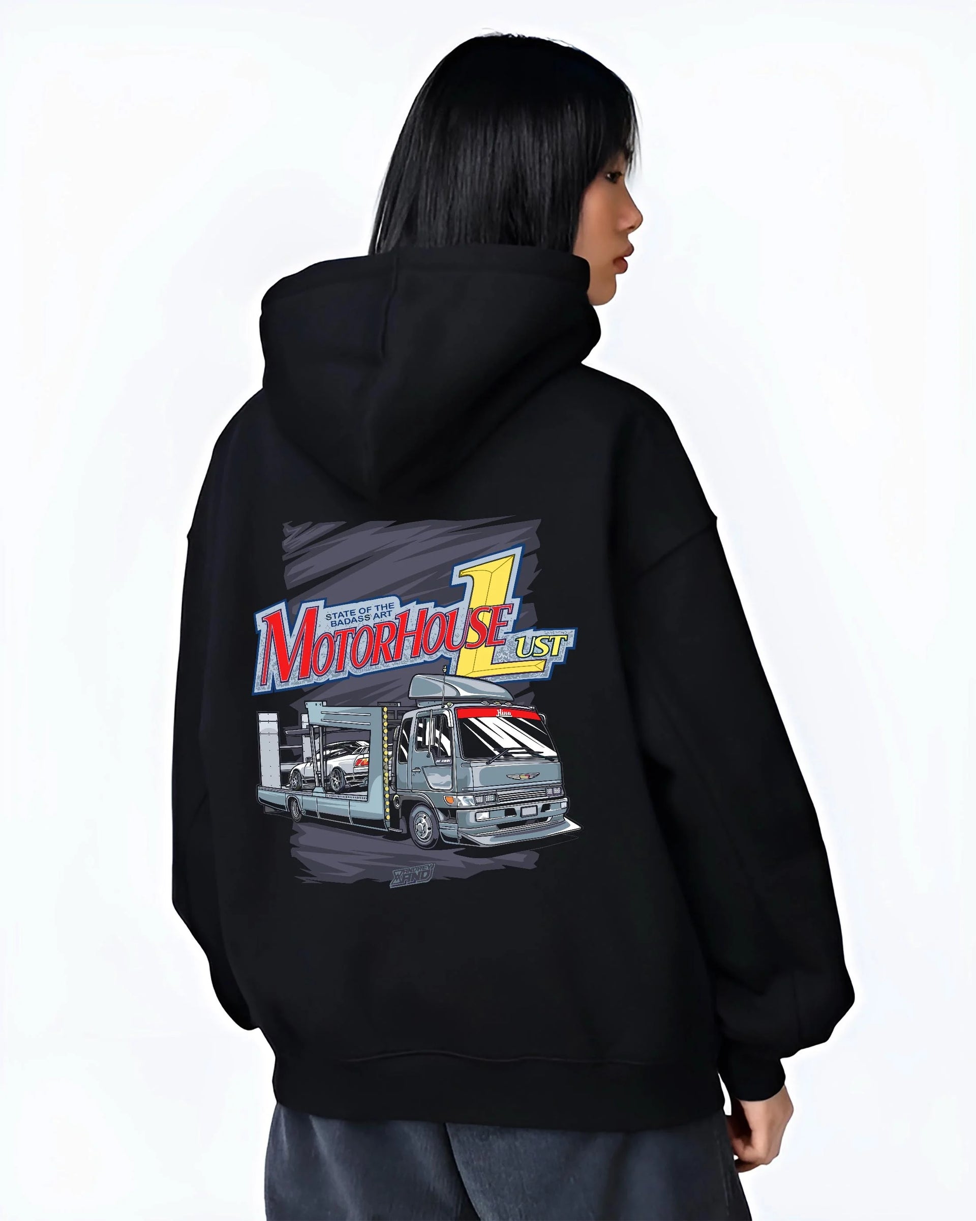 Black hoodie worn by a female model, back view, featuring rs drift japanese racing street performance motorsport automotive graphic.
