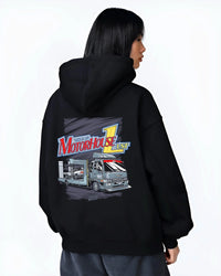Black hoodie worn by a female model, back view, featuring rs drift japanese racing street performance motorsport automotive graphic.