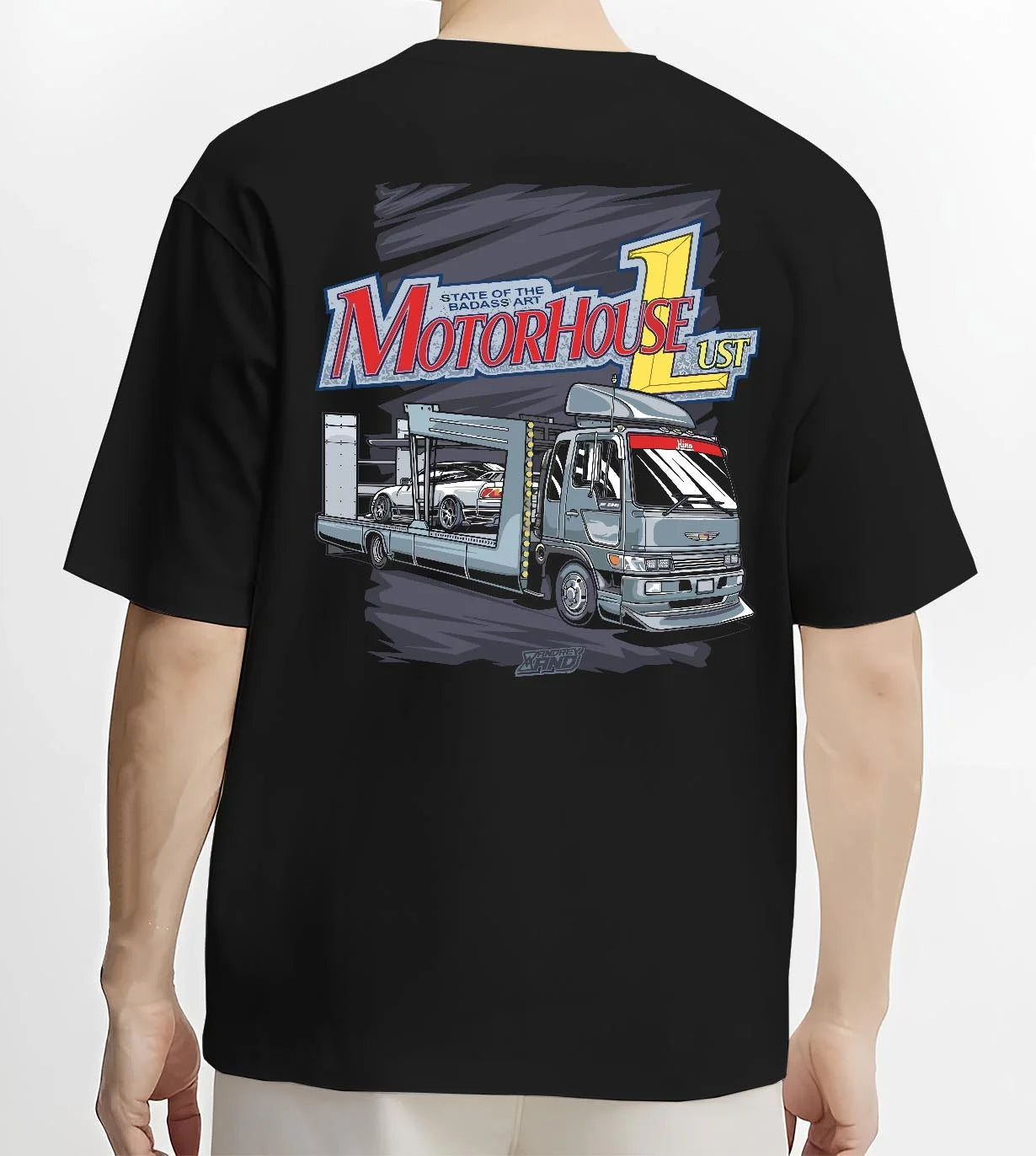 Black T-shirt worn by a male model, back view, featuring rs drift japanese racing street performance motorsport automotive graphic.