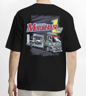 Black T-shirt worn by a male model, back view, featuring rs drift japanese racing street performance motorsport automotive graphic.