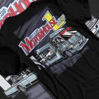 Black T-shirt laid flat with natural fabric folds, featuring rs drift japanese racing street performance motorsport graphic.