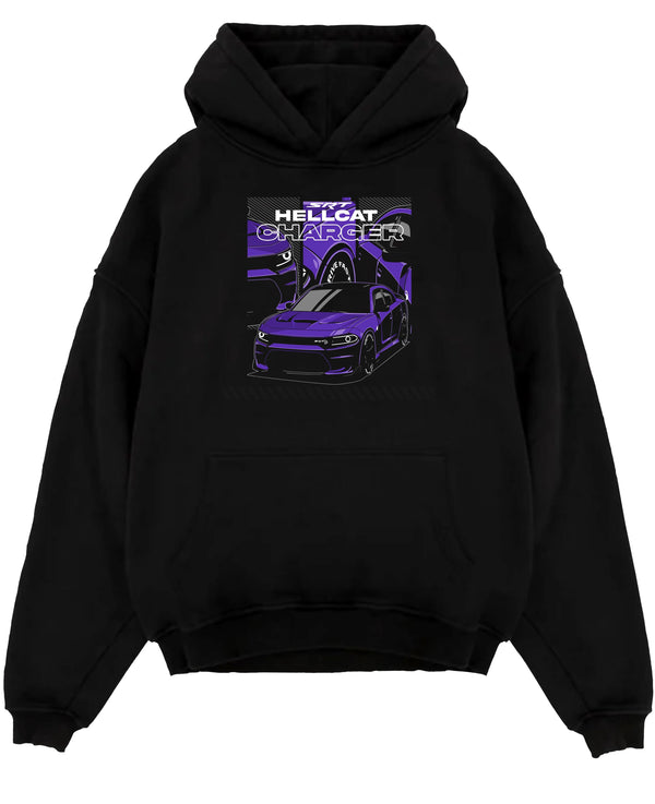 Black pullover hoodie laid flat on a white background, featuring Dodge Charger Hellcat hellcat srt charger racing muscle graphic.
