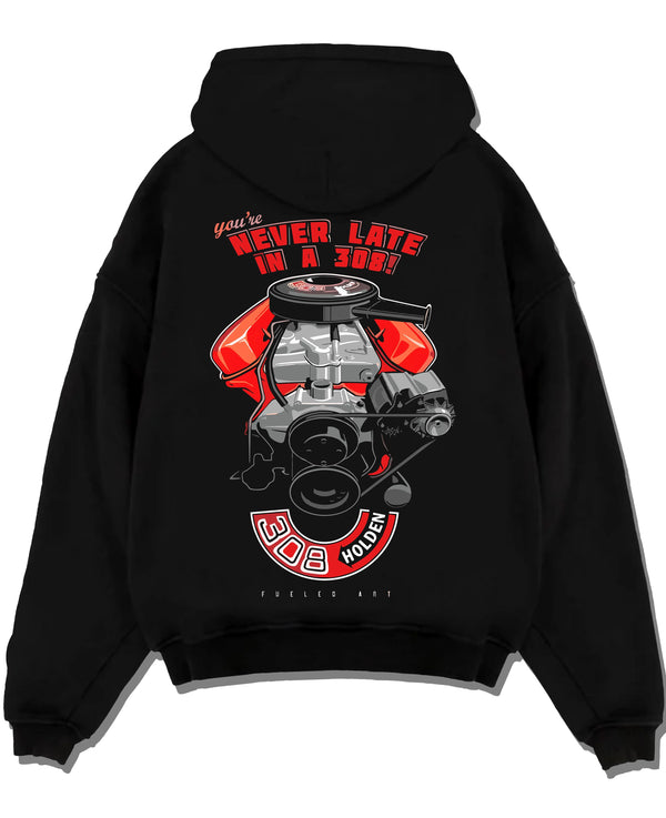Black pullover hoodie laid flat on a white background, featuring v8 muscle street classic power racing performance graphic.