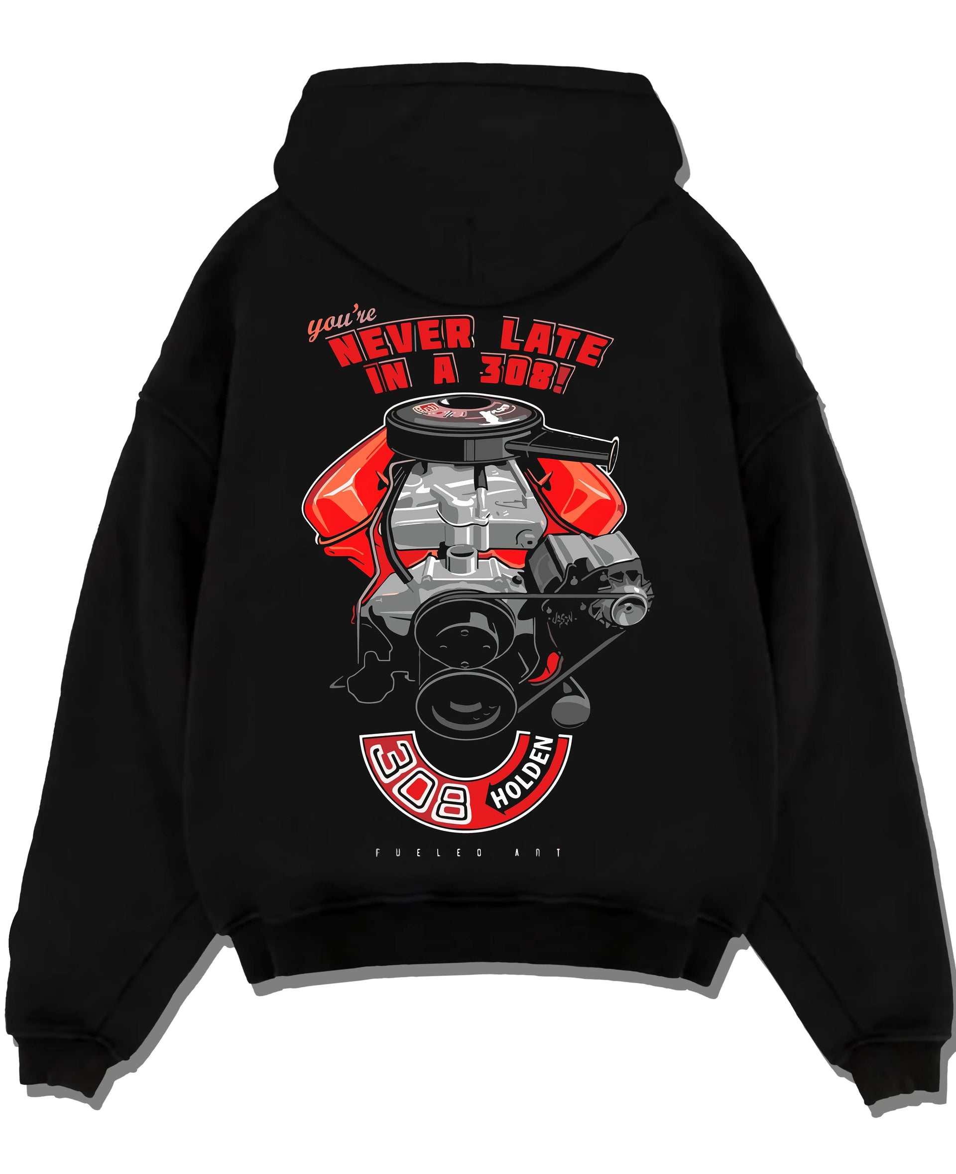 Black pullover hoodie laid flat on a white background, featuring v8 muscle street classic power racing performance graphic.
