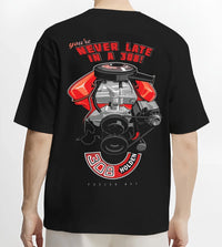 Black T-shirt worn by a male model, back view, featuring v8 muscle street classic power racing performance motorsport graphic.