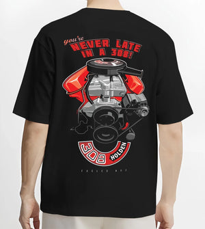 Black T-shirt worn by a male model, back view, featuring v8 muscle street classic power racing performance motorsport graphic.