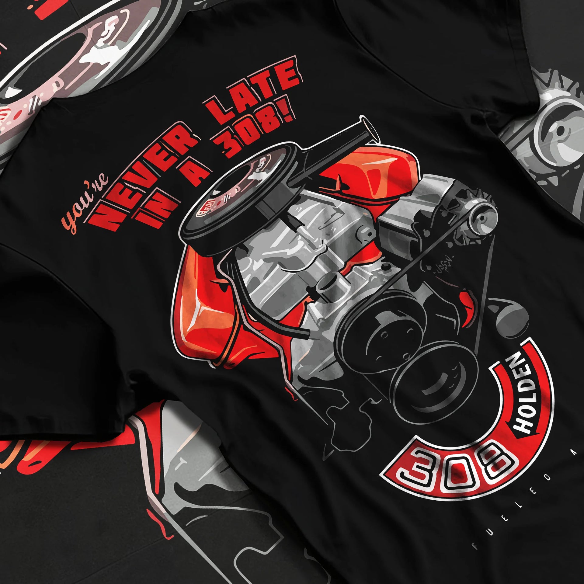 Black T-shirt laid flat with natural fabric folds, featuring v8 muscle street classic power racing performance motorsport graphic.