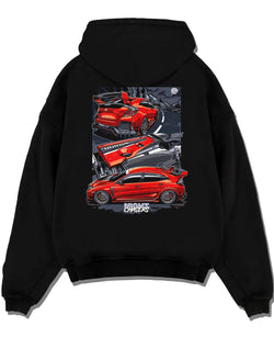 Black pullover hoodie laid flat on a white background, featuring Honda Civic racing drift jdm japanese tuning street graphic.