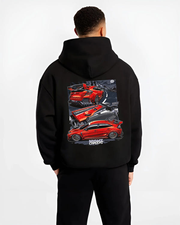 Black hoodie worn by a male model, back view, featuring Honda Civic racing drift jdm japanese tuning street graphic.