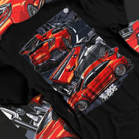 Black T-shirt laid flat with natural fabric folds, featuring Honda Civic racing drift jdm japanese tuning street graphic.