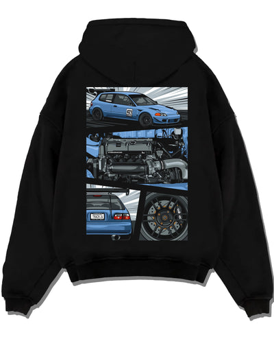 Black pullover hoodie laid flat on a white background, featuring Honda Civic racing track jdm japanese street performance graphic.