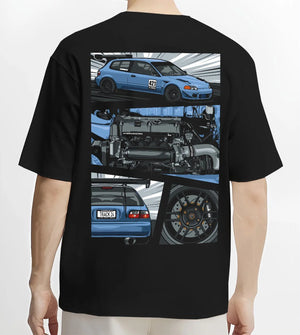 Black T-shirt worn by a male model, back view, featuring Honda Civic racing track jdm japanese street performance graphic.