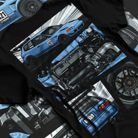 Black T-shirt laid flat with natural fabric folds, featuring Honda Civic racing track jdm japanese street performance graphic.